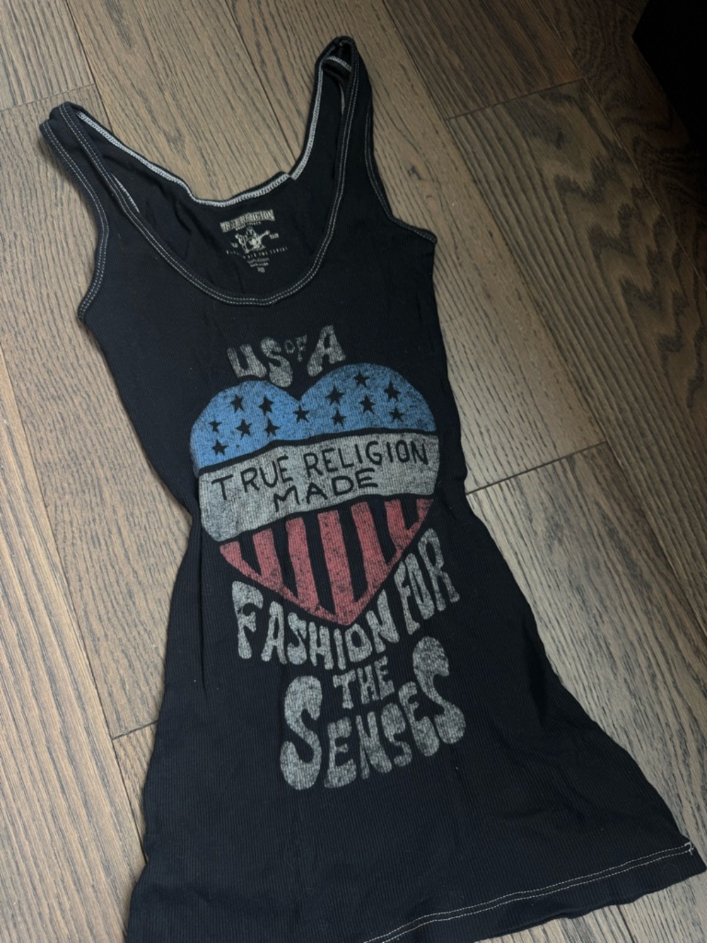 True Religion Black Ribbed Tank with Red & Blue USA Heart Graphic